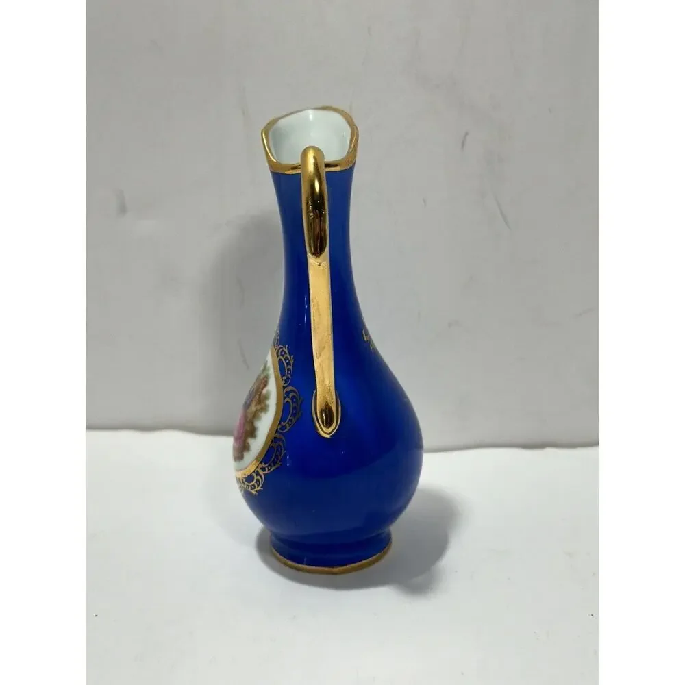Limoges‎ France Blue Cobalt / Gold Miniature Pitcher vase W/ Courting Couple